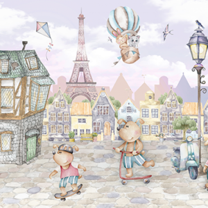 fotobehang-Avontuur in Parijs- Kleurrijk Kinderbehang met Dieren