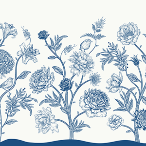 Woonkamer - Vintage Blauwe Bloemenzee- fotobehang